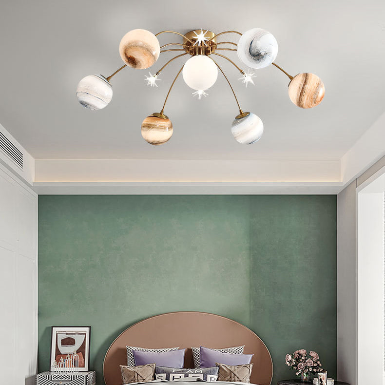 Contemporary Creative Starry Sky Moon Iron Glass 13-light Semi-flush Mount Ceiling Light for Bedroom