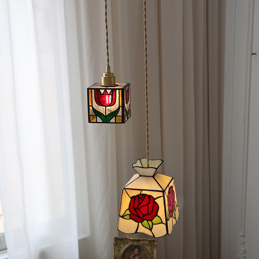Traditional Tiffany Square Tulip Red Rose Rubik's Cube Brass Stained Glass 1-light Pendant Light for Living Room