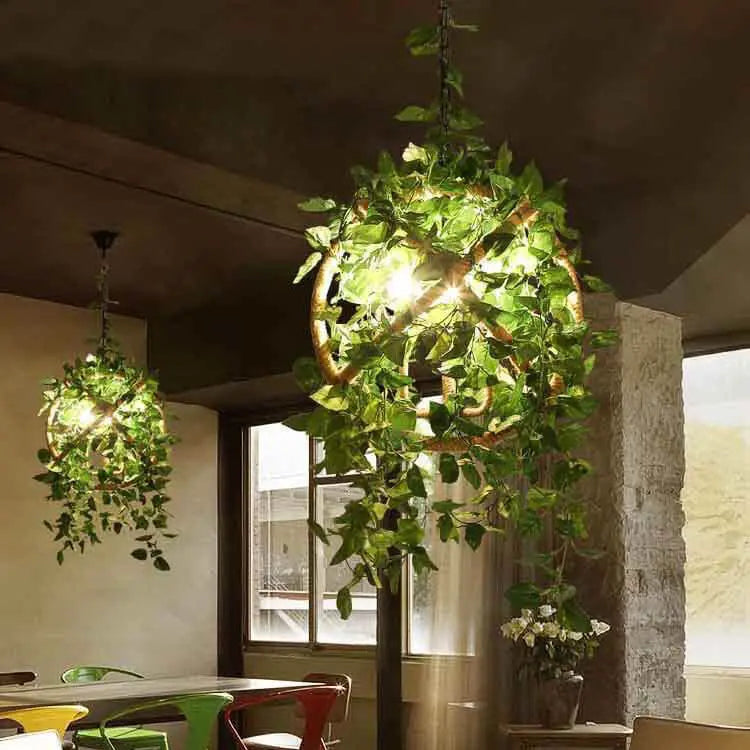 Industrial Vintage Simulation of Greenery Cherry Blossoms Iron Hemp Rope 3-light Chandelier Lumendat