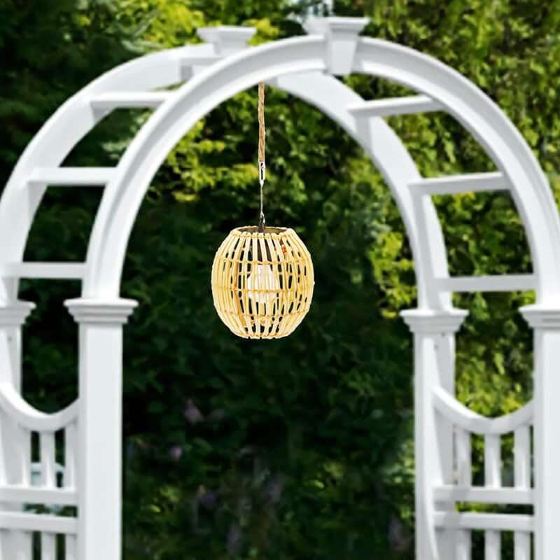 Traditional Vintage Rattan Weaving Cage LED Solar Waterproof Pendant Light for Outdoor Patio