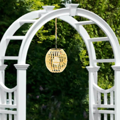 Traditional Vintage Rattan Weaving Cage LED Solar Waterproof Pendant Light for Outdoor Patio