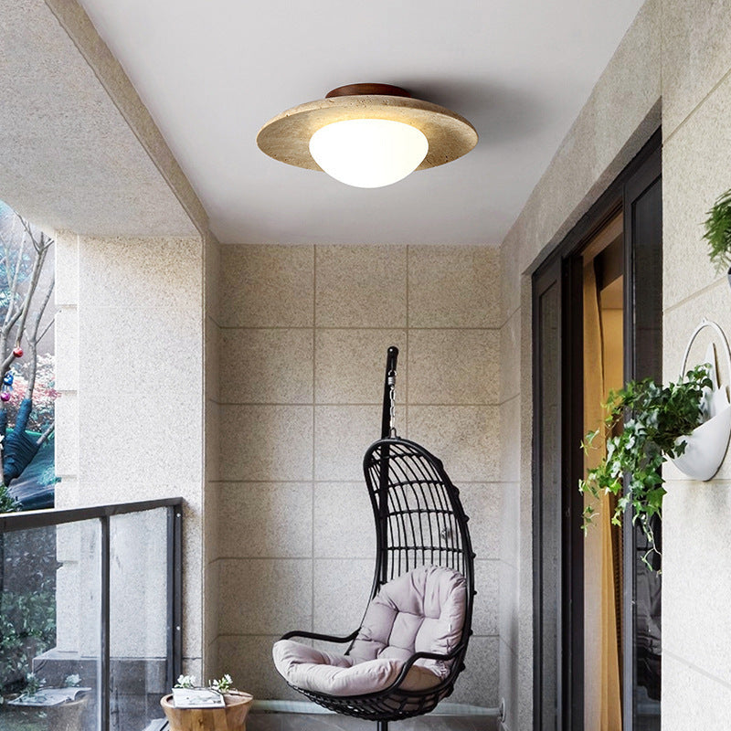 Modern Minimalist Cylinder Oval Dish Yellow Travertine 1-light Semi-flush Mount Ceiling Light for Living Room