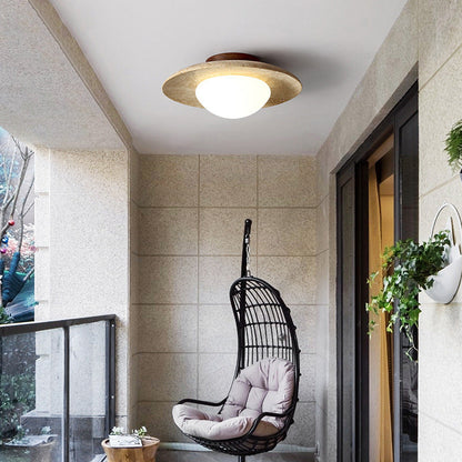 Modern Minimalist Cylinder Oval Dish Yellow Travertine 1-light Semi-flush Mount Ceiling Light for Living Room