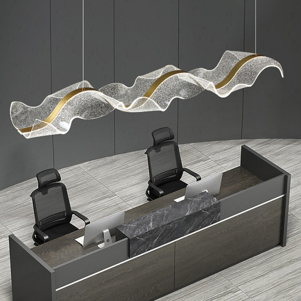 Contemporary Creative Rectangle Wave Ribbon Metal Acrylic LED Island Light Chandelier for Dining Room
