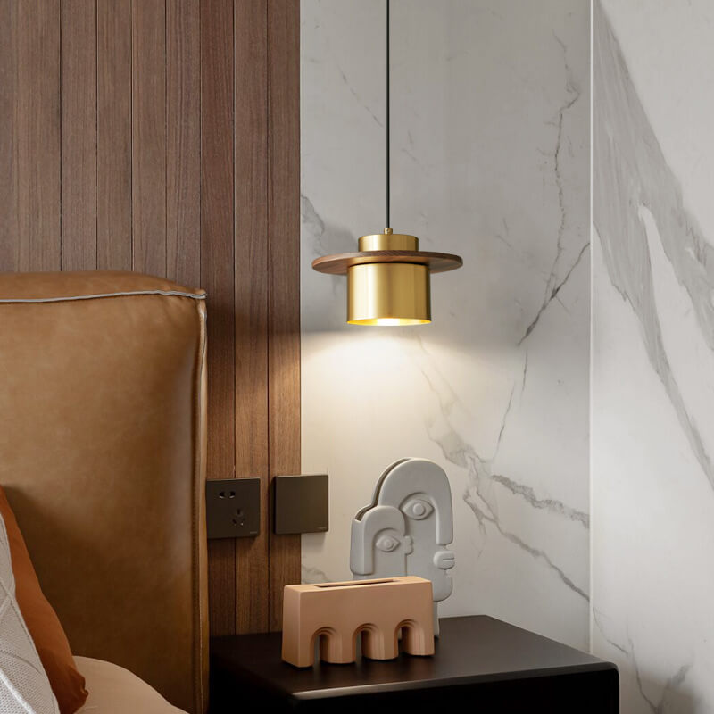 Nordic Luxury Walnut Brass Column 1-light Pendant Light
