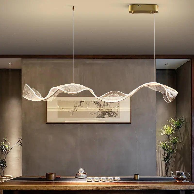 Contemporary Creative Rectangle Wave Ribbon Metal Acrylic LED Island Light Chandelier for Dining Room BulbSquare