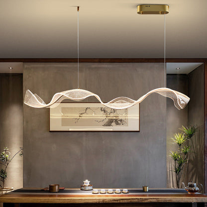 Contemporary Creative Rectangle Wave Ribbon Metal Acrylic LED Island Light Chandelier for Dining Room