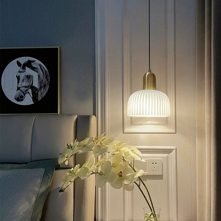 Japanese Wabi-sabi Brass Semi-circle Pleated Glass 1-light Pendant Light