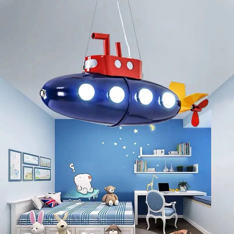 Contemporary Creative Cartoon Submarine Iron LED Kids Chandelier for Bedroom BulbSquare