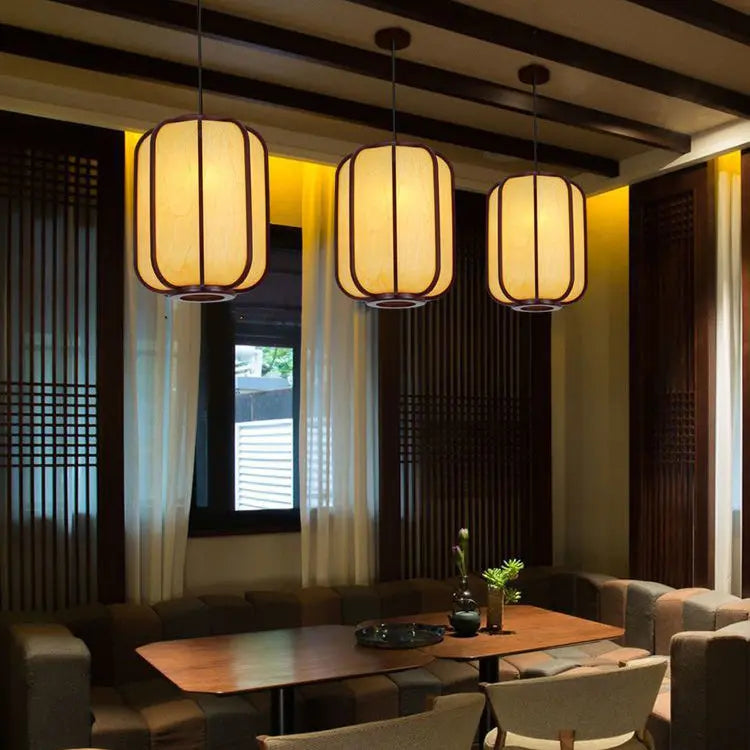 Modern Chinese Faux Sheepskin Wooden Lantern 1-light Pendant Light Lumendat