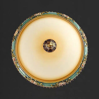 Traditional European Engraved Resin Frame Glass Dome Shade 2-Light Flush Mount Ceiling Light For Living Room