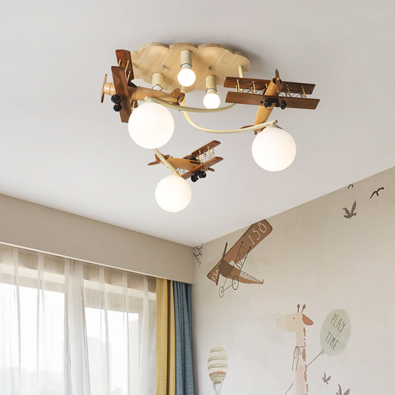 Contemporary Nordic Kids Iron Rubber Wood Glass Plane Cloud Ball 6-light Flush Mount Ceiling Light for Bedroom
