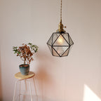 Traditional Vintage Polygonal Brass Stained Glass 1-light Pendant Light for Living Room