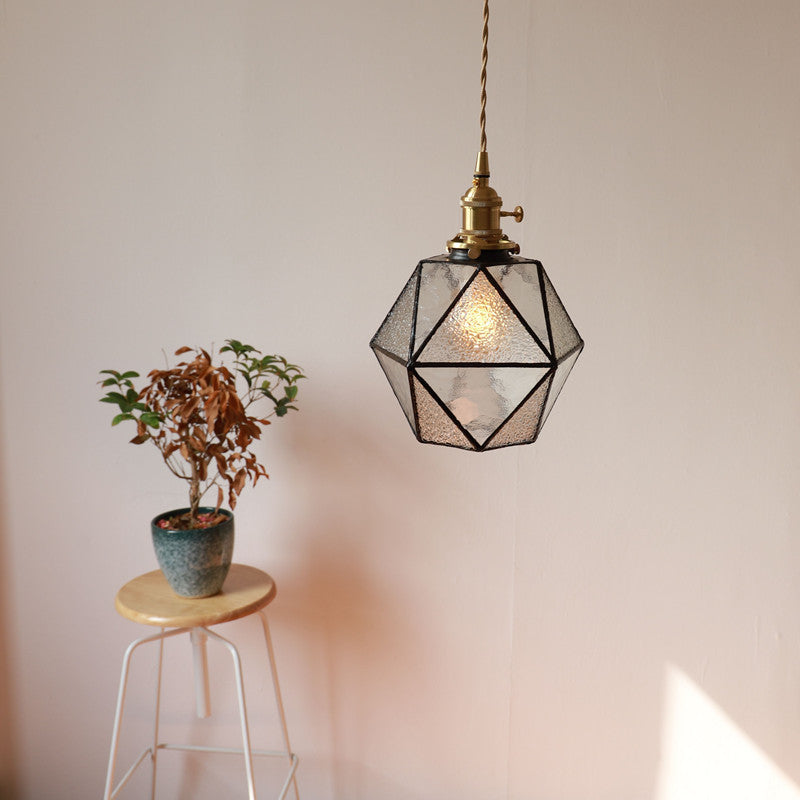 Traditional Vintage Polygonal Brass Stained Glass 1-light Pendant Light for Living Room