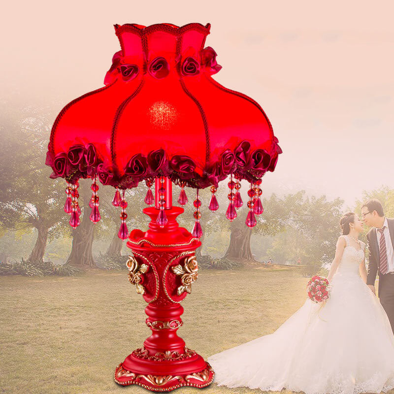 European Wedding Red Fabric Tassel Resin 1-Light Table Lamp Lumendat
