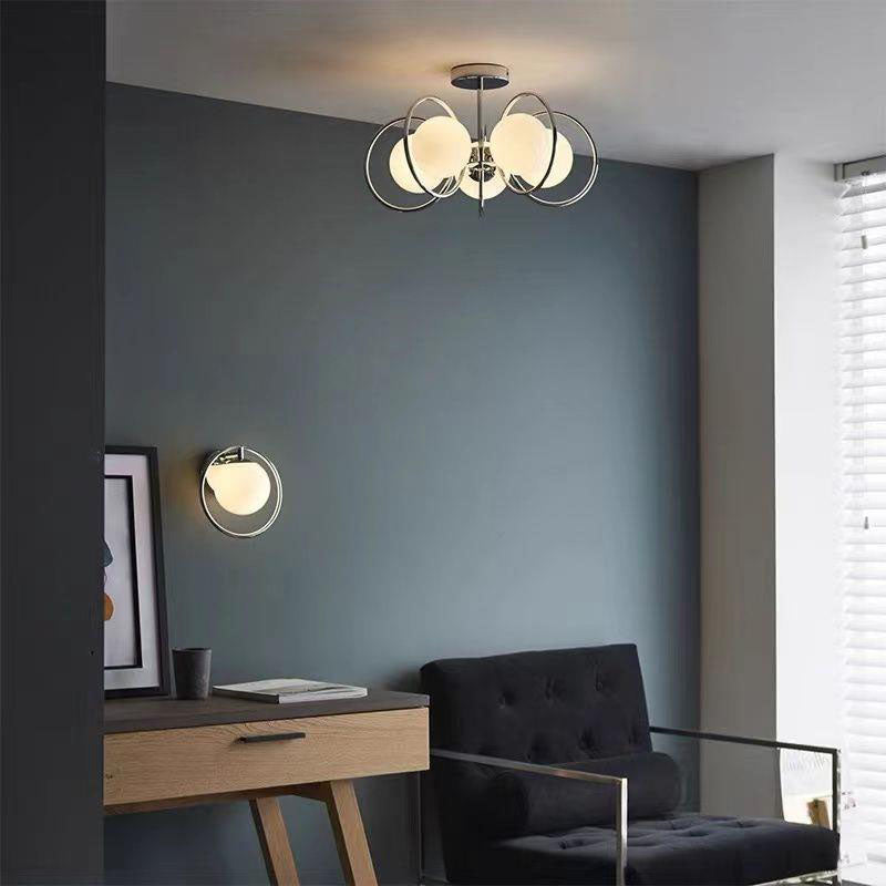 Traditional Vintage Iron Glass Ball Circle 3/5 Light Semi-Flush Mount Ceiling Light For Living Room