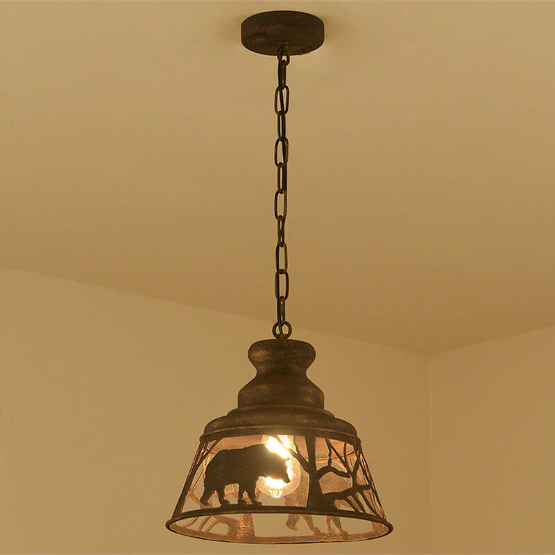 Traditional Vintage Round Trapezoidal Animal Iron 1-light Pendant Light for Living Room BulbSquare