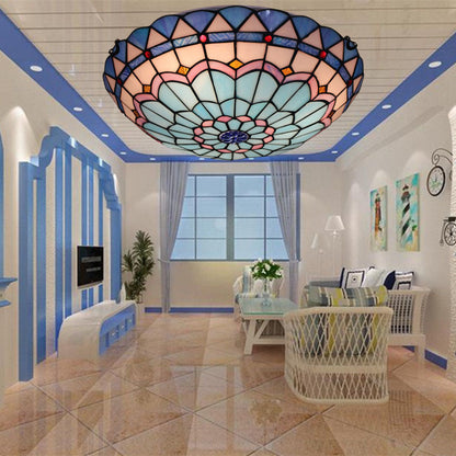 Traditional Tiffany Mediterranean Round Stained Glass 3-Light Flush Mount Ceiling Light For Living Room