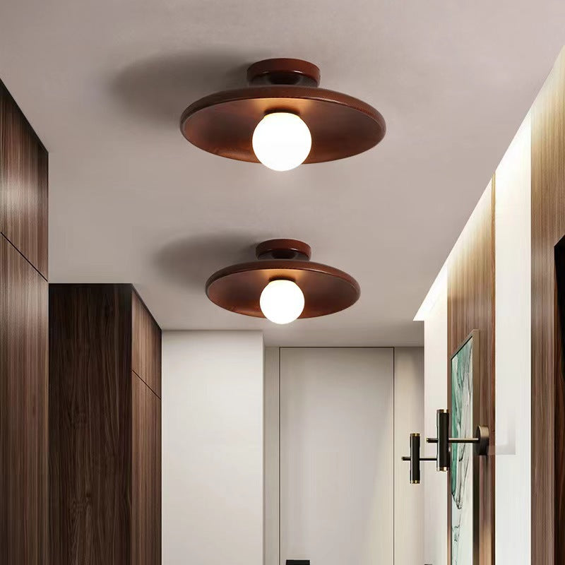 Modern Simplicity Rubberwood Glass Round 1-Light Semi-Flush Mount Ceiling Light For Hallway Lumendat