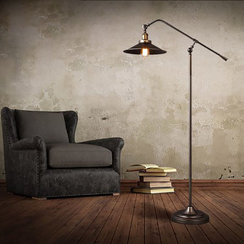 Contemporary Industrial Cylindrical Long Arm Iron 1-Light Standing Floor Lamp For Bedroom Lumendat