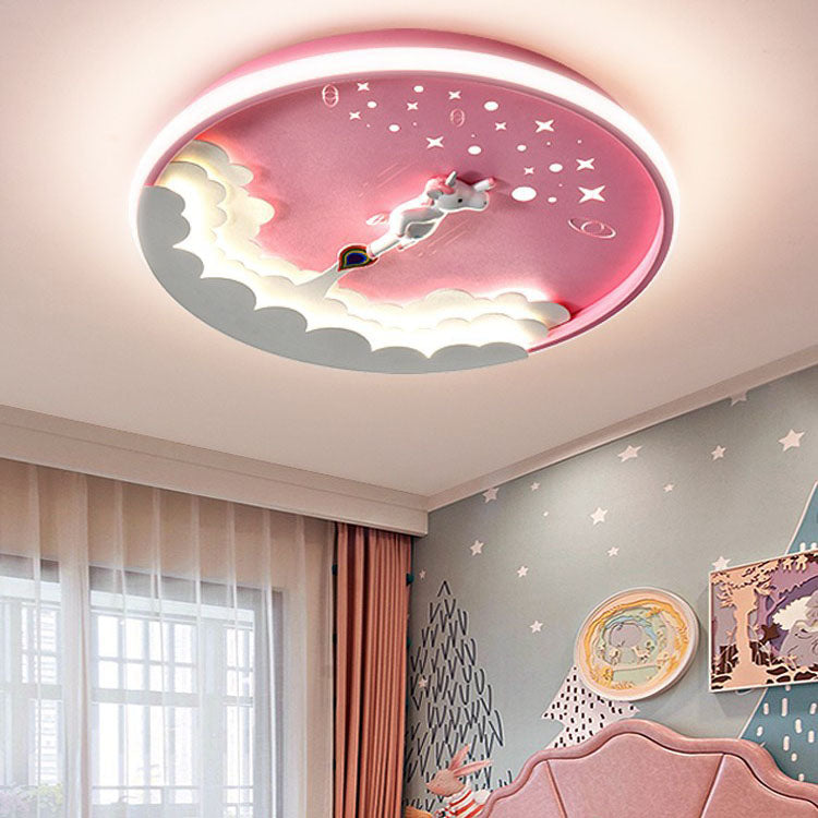 Lumendat Contemporary Creative Cartoon Rocket Unicorn Acrylic Round Shade LED Kids Flush Mount Ceiling Light For Bedroom Lumendat