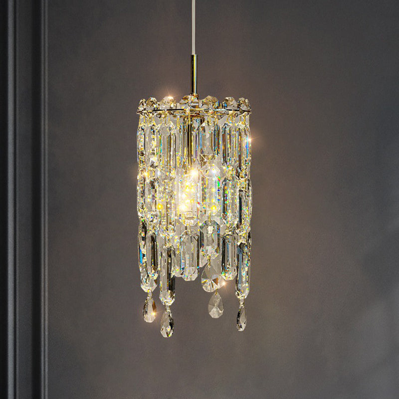 Modern Art Deco Cylinder Metal Crystal 1-light Pendant Light for Living Room