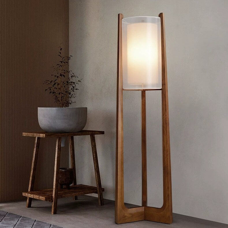 Traditional Japanese Solid Wood Brass Fabric Column 1-Light Standing Floor Lamp For Living Room And Bedroom Lumendat