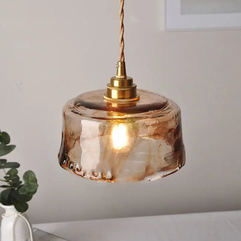 Vintage Amber Drum Round Glass Brass 1-light Pendant Light Lumendat