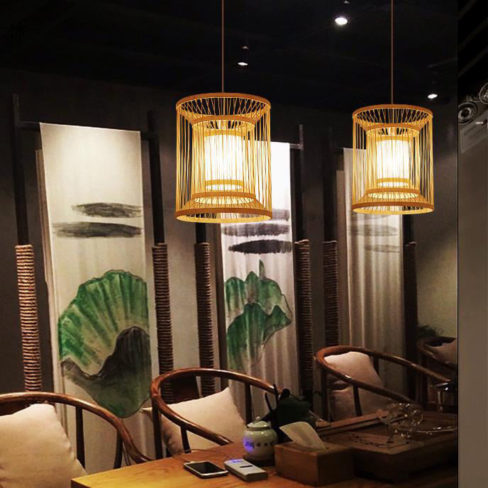Traditional Chinese Round Vertical Bamboo 1-light Pendant Light for Living Room