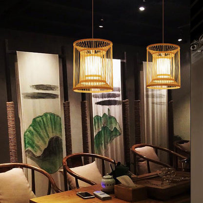 Traditional Chinese Round Vertical Bamboo 1-light Pendant Light for Living Room