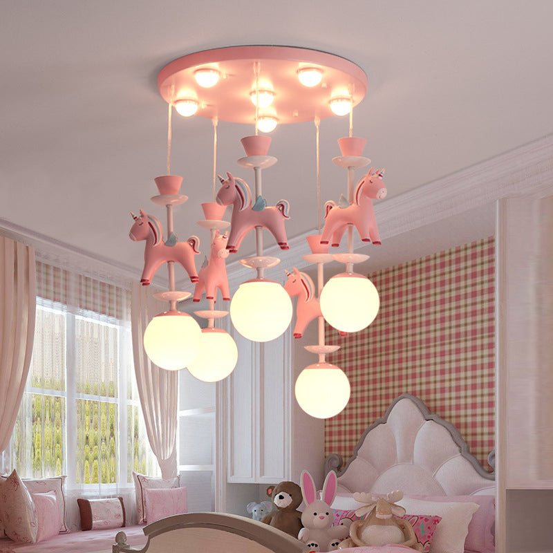 Lumendat Modern Art Deco Kids Iron Resin Glass Round Base Ball Horse 1/3/5 Light Flush Mount Ceiling Light For Bedroom Lumendat