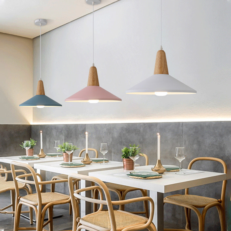 Nordic Minimalist Macaron Solid Color Aluminum Wood 1-light Pendant Light BulbSquare