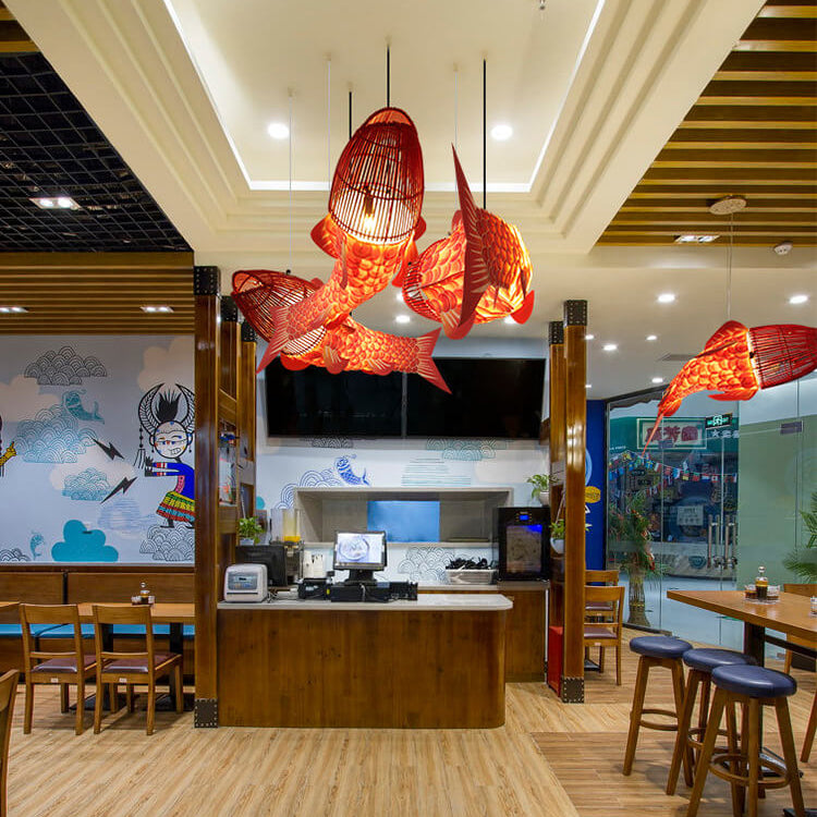 Traditional Chinese Koi Fish Iron Pvc Fabric 2/4 Light Chandelier for Dining Room