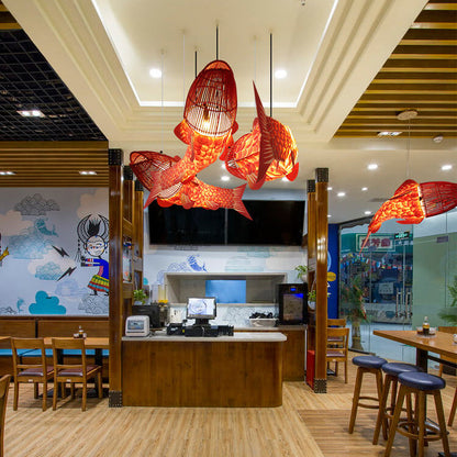 Traditional Chinese Koi Fish Iron Pvc Fabric 2/4 Light Chandelier for Dining Room