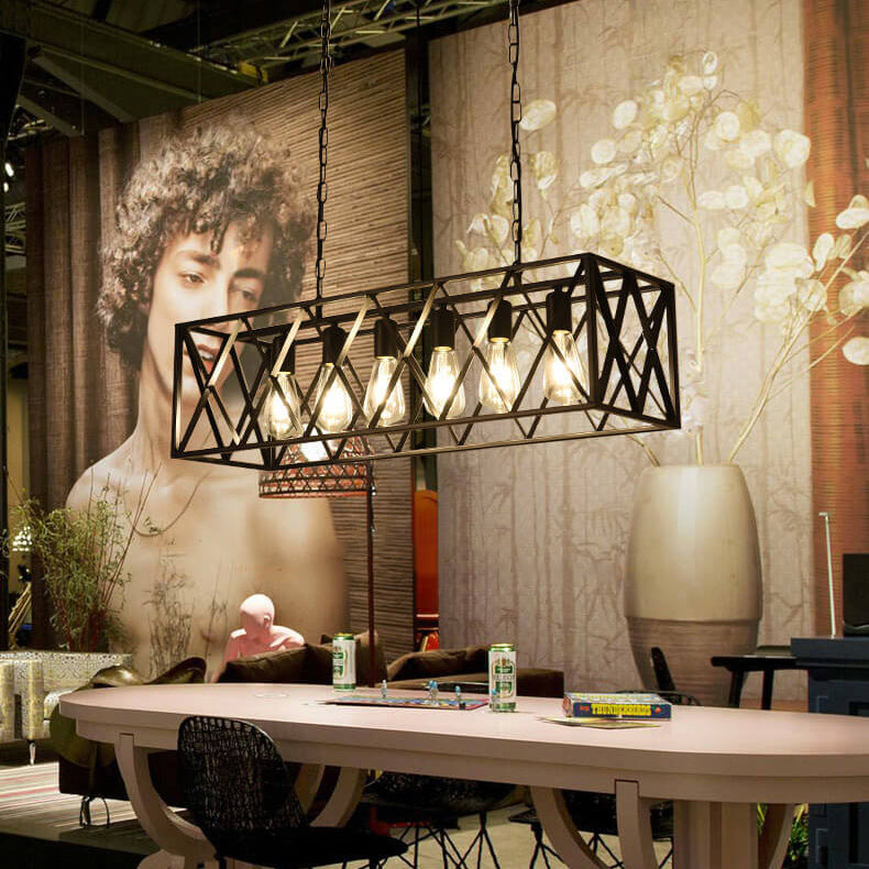 Traditional Farmhouse Rectangular Geometric Iron Cage 4/6 Light Island Light Chandelier for Dining Room