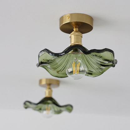 European Vintage Lotus Leaf Iron Copper 1-light Semi-flush Mount Light