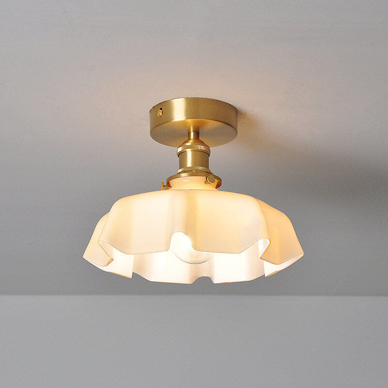 Japanese Vintage Cream Glass Floral Brass 1-Light Semi-Flush Mount Ceiling Light Lumendat