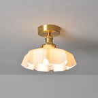 Japanese Vintage Cream Glass Floral Brass 1-Light Semi-Flush Mount Ceiling Light Lumendat