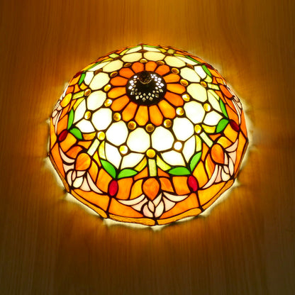 Traditional Tiffany Tulip Stained Glass Iron Dome 2/3-light Flush Mount Ceiling Light for Living Room
