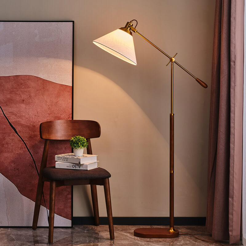 Traditional Vintage Fabric Cone Metal Ash Wood 1-Light Standing Floor Lamp For Bedroom Lumendat