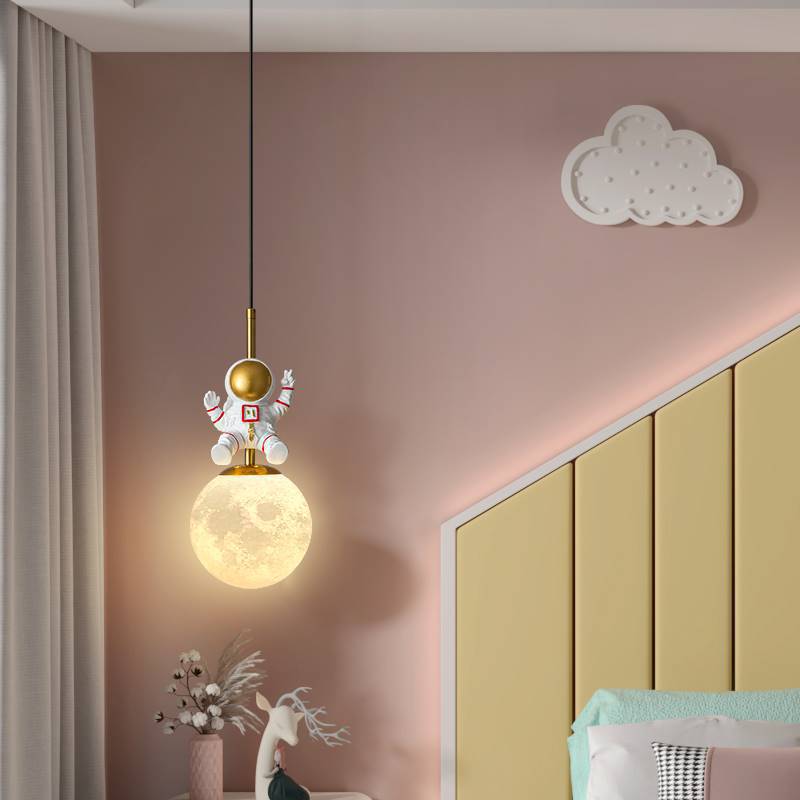 Contemporary Nordic Kids Orb Astronaut Iron Resin 1-light Pendant Light for Bedroom BulbSquare