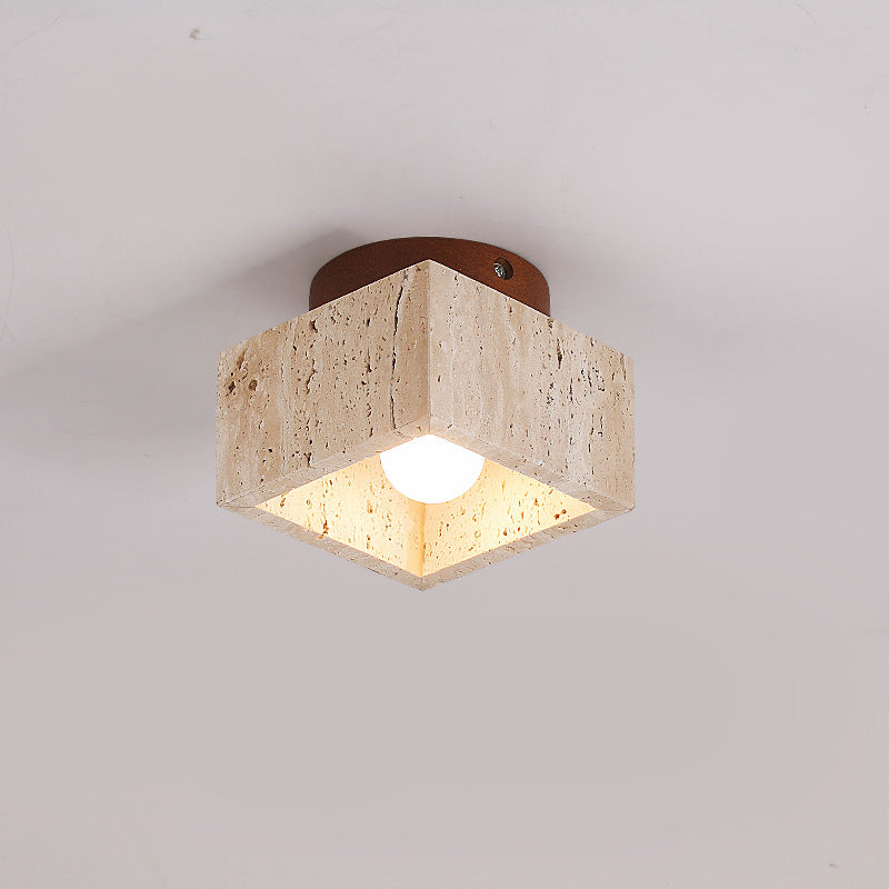 Japanese Wabi-Sabi Yellow Travertine Column Wood 1-Light Semi-Flush Mount Ceiling Light Lumendat