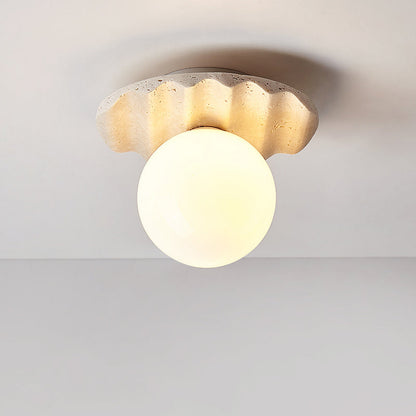 Traditional Japanese Yellow Travertine Spherical Glass Shade 1-Light Semi-Flush Mount Ceiling Light For Living Room