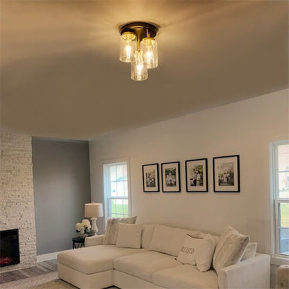 Industrial Glass Spherical / Long Barrel Design 3-light Semi-flush Mount Light