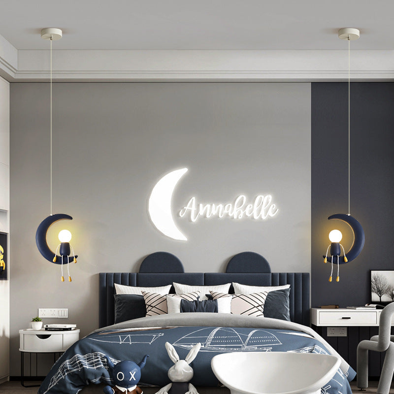 Lumendat Contemporary Nordic Kids Iron Resin Glass Moon Doll 1-Light Pendant Light For Bedside Lumendat