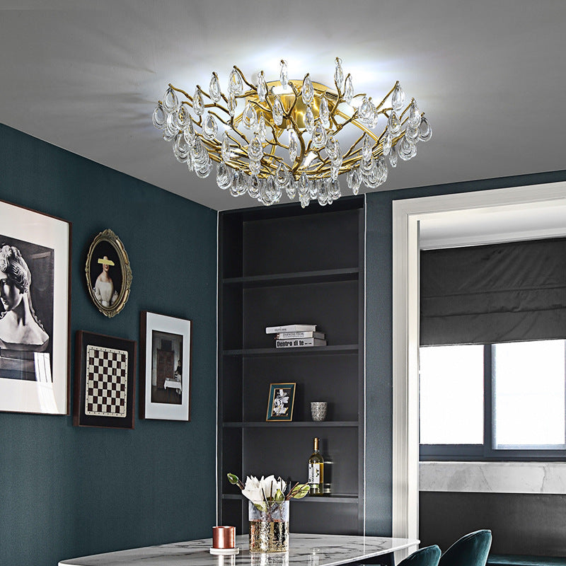 Modern Luxury Semicircular Dendritic Iron Crystal 10/12 Light Semi-Flush Mount Ceiling Light For Living Room