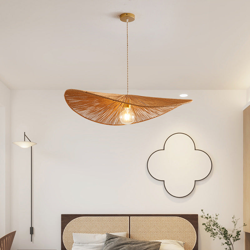 Japanese Minimalist Rope Weaving Straw Hat Round 1-light Pendant Light BulbSquare
