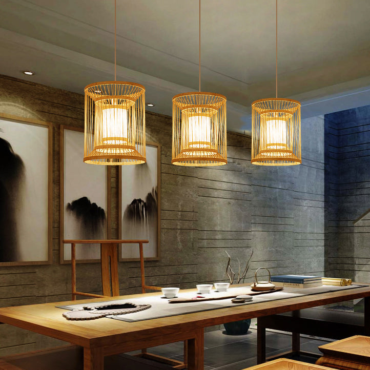 Traditional Chinese Round Vertical Bamboo 1-light Pendant Light for Living Room