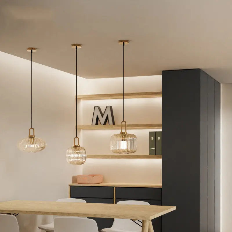 Contemporary Nordic Round Oval Pumpkin Stainless Steel Striped Glass 1-light Pendant Light for Living Room BulbSquare
