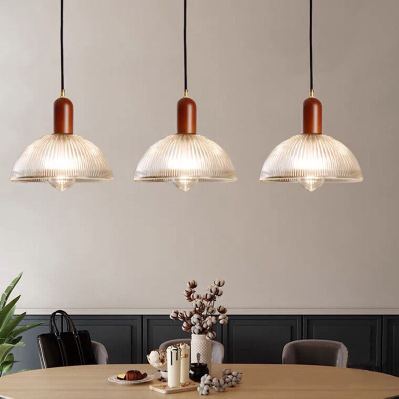 Traditional Vintage Round Bowl Solid Wood Dome Glass 1-light Pendant Light for Living Room